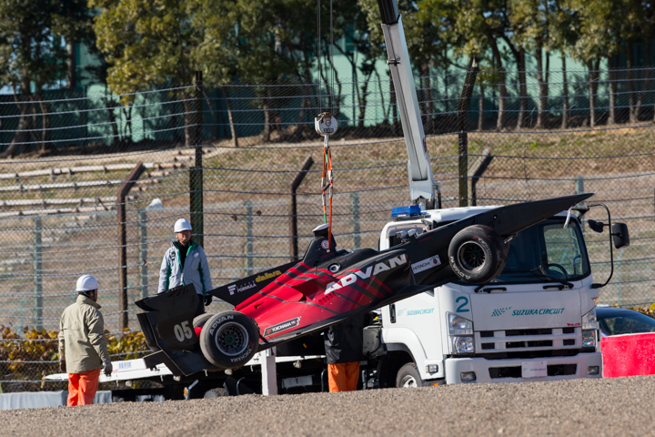 エンジンメーカー・ルーキーテスト1日目: ダンロップコーナーでストップしたリオ・ハリアントのマシン